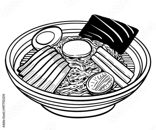 Vector illustration of a Japanese ramen noodle bowl. High-contrast line art of a gourmet meal with traditional toppings.
