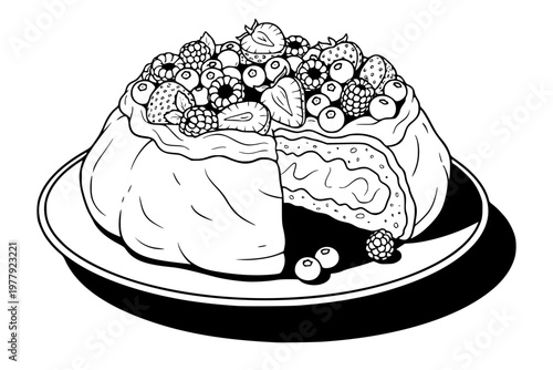 Black line art illustration of a delicious pavlova cake topped with fresh berries. Minimalist vector drawing of a meringue dessert with strawberries and blueberries, perfect for coloring or 