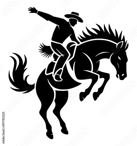 Dynamic rodeo silhouette of cowboy riding a bucking horse. Western culture vector illustration capturing motion, tradition, and adventure for design and creative projects.
