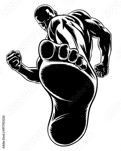 Muscular man body merged with giant foot sole, creative podiatry health concept, high contrast black grey bold vector illustration isolated on background