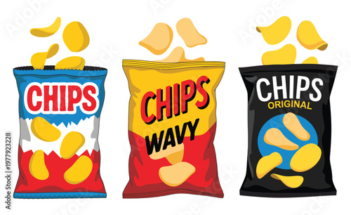 Potato chips package vector set isolated on white background featuring foil snack bags design for food branding packaging concept crisp chips illustration.