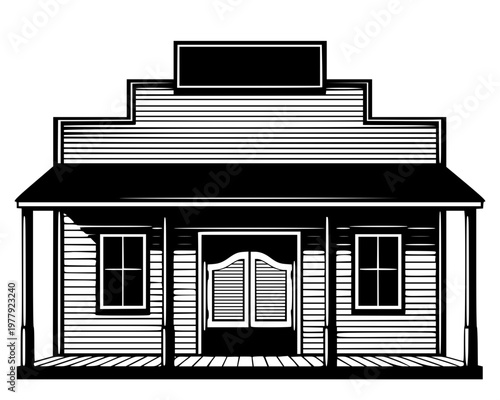 Wild West saloon building facade with swinging doors, wooden porch and signboard, classic American cowboy western bar bold black lineart illustration isolated on background