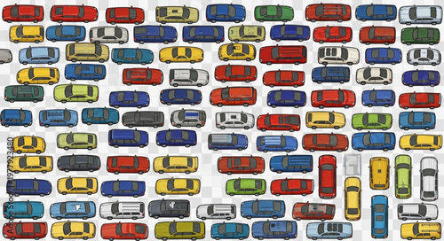 A colorful collection of toy cars arranged neatly.