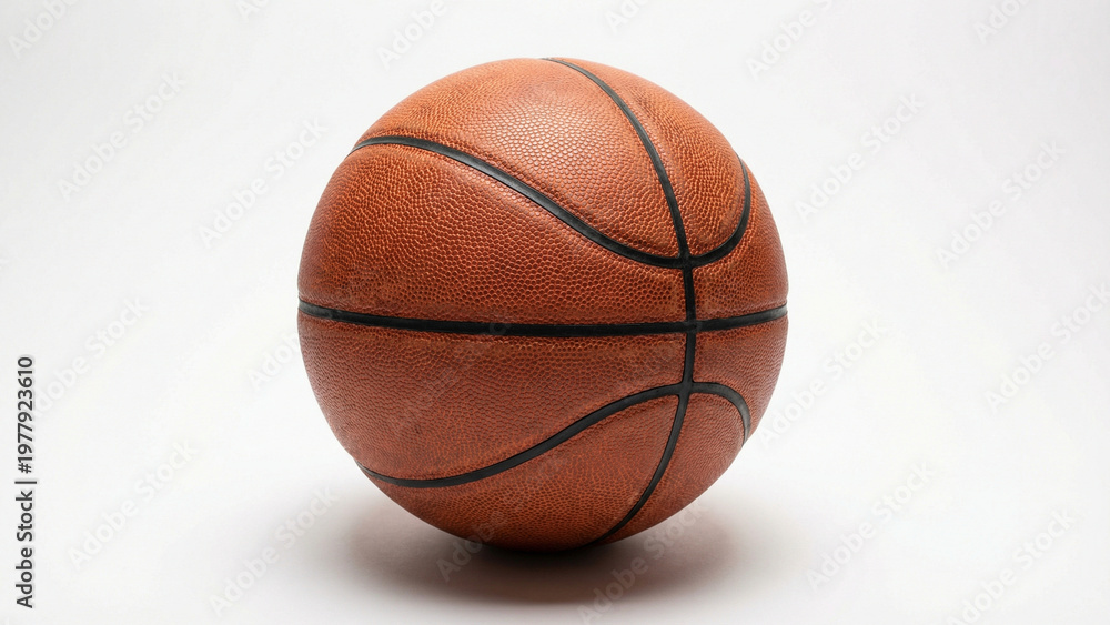 Obraz premium A realistic orange basketball with detailed texture isolated on a white background. Clean lighting and subtle shadow make it ideal for sports branding, fitness content, and professional design use.