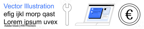 Financial services, digital tools, online businesses, software development, euro transactions, technology solutions. Laptop with blue screen, wrench and euro symbol. Financial services and digital