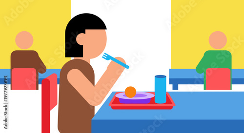 Woman eating at school cafeteria.