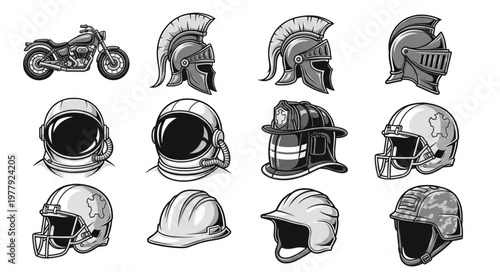 Diverse Helmet Collection - Motorcycle, Spartan, Astronaut, Firefighter, and More.