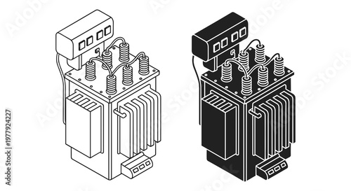 Electrical transformer, industrial power converter, line and load side connections, vector illustration