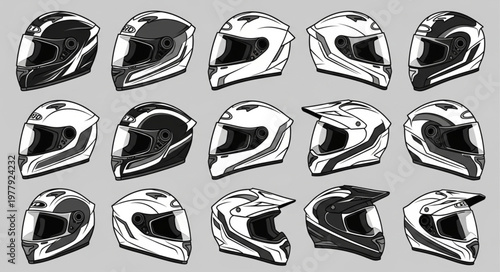 Collection of Motorcycle Helmets - Diverse Styles and Designs for Safety.