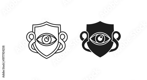 Security icons, shield and eye symbols, protection and surveillance vector graphics, black and white
