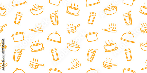 Cooking utensil seamless pattern, kitchen tool doodle, food icon hand drawn sketch, culinary equipment, cafe background, textile fabric wallpaper