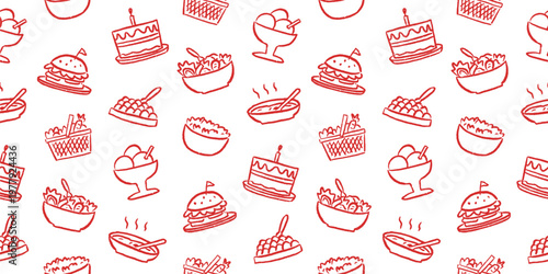 Seamless food pattern with hand drawn doodles of cake, burgers, ice cream, and salad for restaurant menu and cafe decor