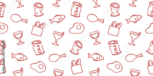 Seamless food pattern with hand drawn doodle meal icons like chicken, fish, eggs, and drinks for restaurant menu and wallpaper