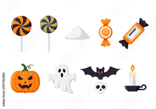 Vector Halloween icons pumpkins, ghosts, bats, skulls, candles, and candy for festive decorations and designs