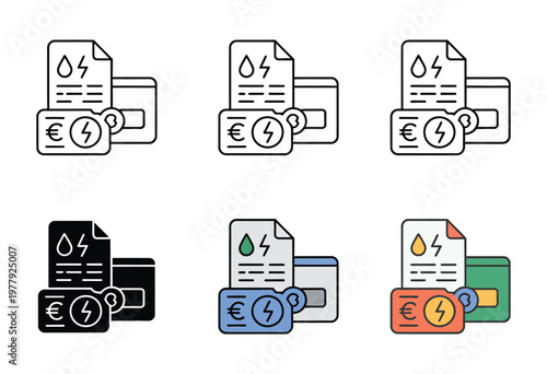 Utility bill payments icon showing stylized bills, payment cards, currency symbols, and digital devices representing electricity, water, gas, and online payment services.
