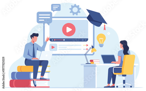 Students participate in a virtual education class displayed on a large screen with books and laptops