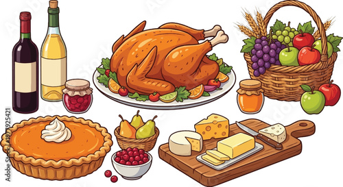 Thanksgiving Food Illustration Set with Roasted Turkey, Pumpkin Pie and Autumn Harvest Elements