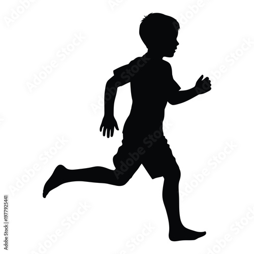 Black silhouette of a young boy running quickly with determination captured in motion during a race or outdoor activity showcasing youth and active lifestyle with freedom vector on white background