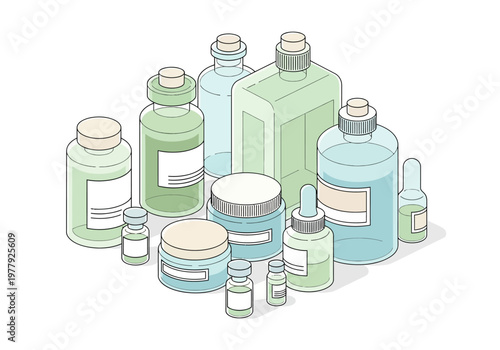 Isometric Flat Vector Illustration of Wellness, Beauty, and Healthcare Products Collection in Green Hues