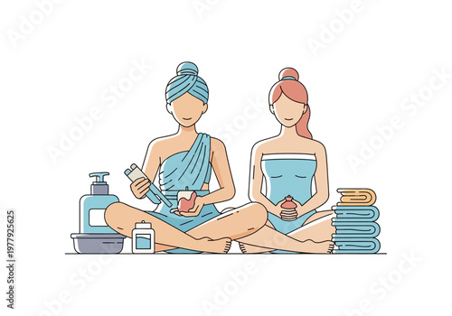 Minimal flat illustration of two women in a spa setting with beauty products