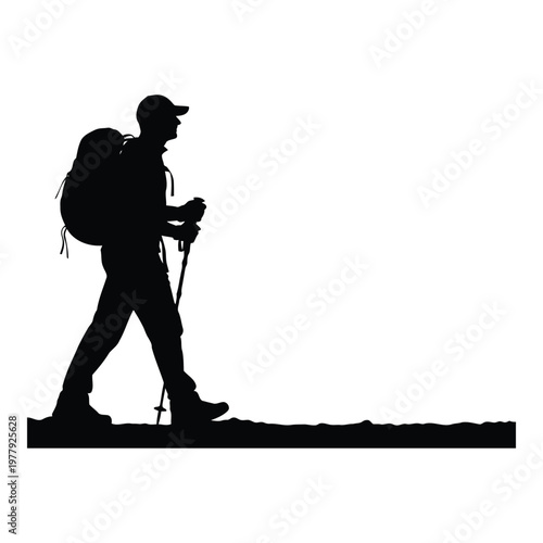 Hiker silhouette walking along a scenic trail with backpack and trekking poles vector on white background