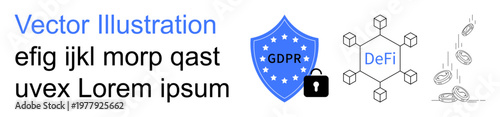 Data protection, blockchain, financial security, cryptocurrency, decentralized networks, digital privacy. Security shield with GDPR, blockchain diagram falling coins. Data protection and blockchain