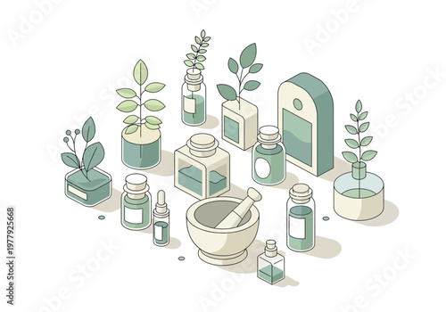 Clean isometric vector illustration of natural herbal medicine and organic skincare ingredients for holistic wellness concept