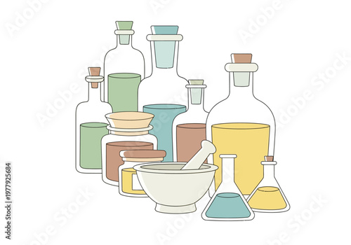 Flat illustration of various laboratory glassware and mortar and pestle
