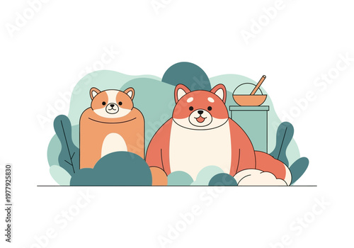 Cute Shiba Inu and Corgi dogs sitting outdoors in flat vector artwork