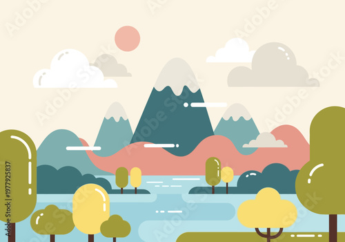 Peaceful landscape illustration with mountains, river, and trees