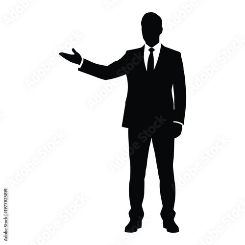 Professional silhouette of business person gesturing with one arm extended in formal attire vector on white background