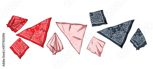 High-quality bandana graphics in various folds and colors for creative projects. Great for western wedding invitations, western party decor, and trendy retro apparel surface pattern designs.
