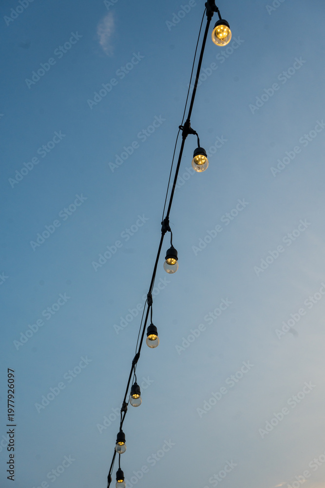 Obraz premium String of small lights glowing bulbs illuminating a twilight sky.