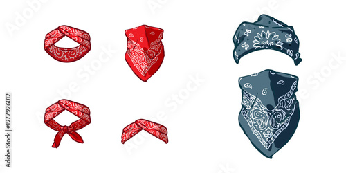 Set of stylish headbands and neck gaiters featuring traditional ethnic motifs. Ideal for creating character accessories in gaming, social media stickers, and vintage hip hop style posters.