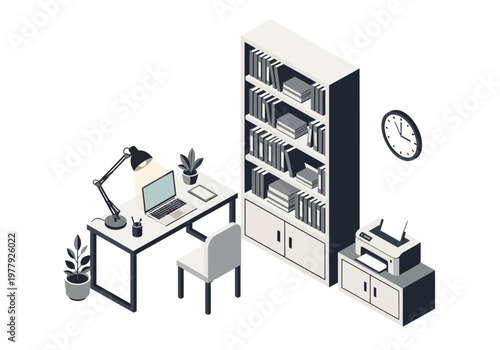 Modern Home Office Setup with a Desk, Laptop, Bookshelf, and Printer in an Isometric Style