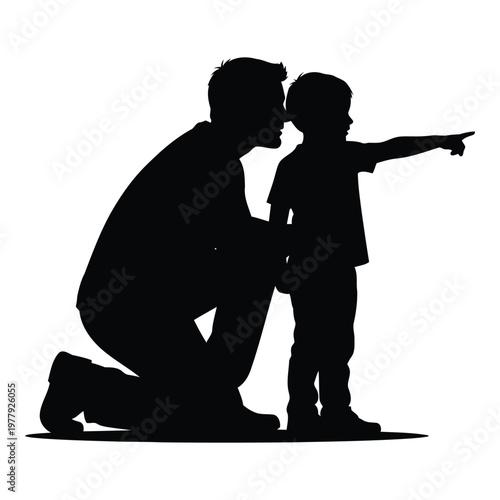 Silhouette of a caring father pointing at something in the distance to his curious young son with a watchful eye vector on white background