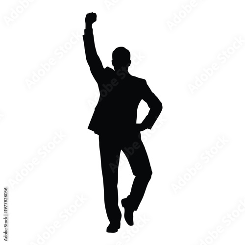Silhouette of a confident businessman with one arm raised in triumph and the other hand on his hip showcasing success and victory vector on white background
