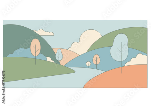 Serene Minimal Flat Design Landscape with Pastel Hues, featuring rolling hills, stylized trees, and a peaceful winding river