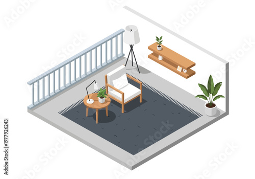 Isometric flat vector illustration of a cozy balcony lounge area with armchair, lamp, and plants