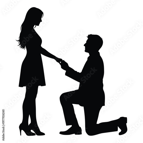 Silhouette of a man on one knee proposing marriage to a woman with ring offered during a romantic moment vector on white background