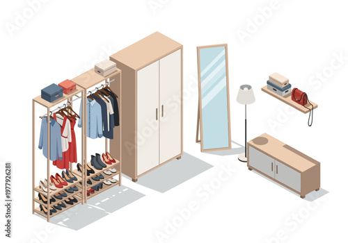 Isometric flat vector room set showcasing a modern closet, shoes, mirror, and shelf with clothing items