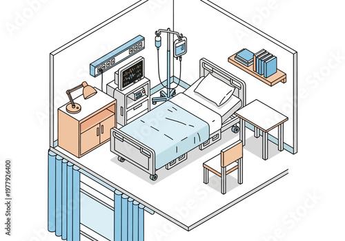 Isometric medical room with hospital bed, medical equipment, and patient chair, ideal for healthcare or science illustrations