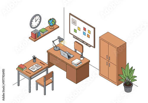 Cozy home office setup with desk, chair, shelves, and cabinet for productive work and study at home