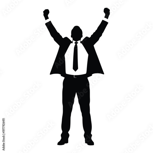 Silhouette of a triumphant businessman in a suit celebrating with arms raised high in victory against a white background vector on white background