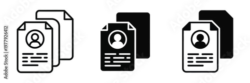 User profile document icon vector representing resume, curriculum vitae, employee records, hiring, recruitment, and personal identity file for professional and HR concept.