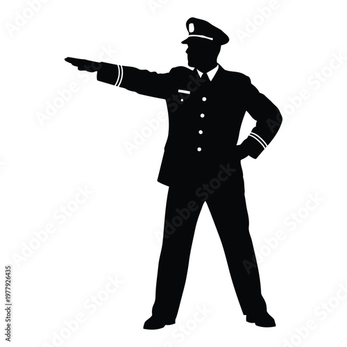 Silhouette of a uniformed man in a captains hat with his arm extended forward in a signaling gesture standing confidently with one hand on his hip vector on white background