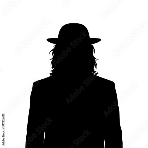 Black silhouette of a mysterious man wearing a bowler hat and suit