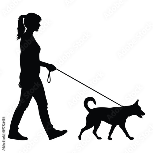 Silhouette of a woman walking her dog on a leash across a clean white background representing outdoor activity and companionship vector on white background