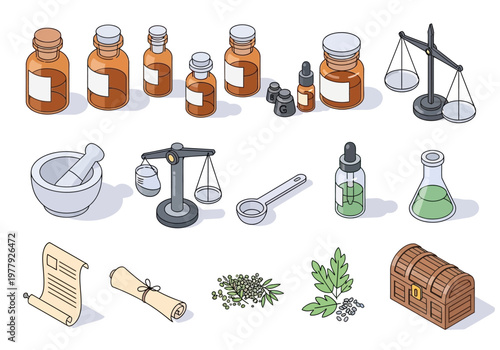 Apothecary's Isometric Collection Ancient Tools, Potions, Scrolls, and Elixirs for Alchemy