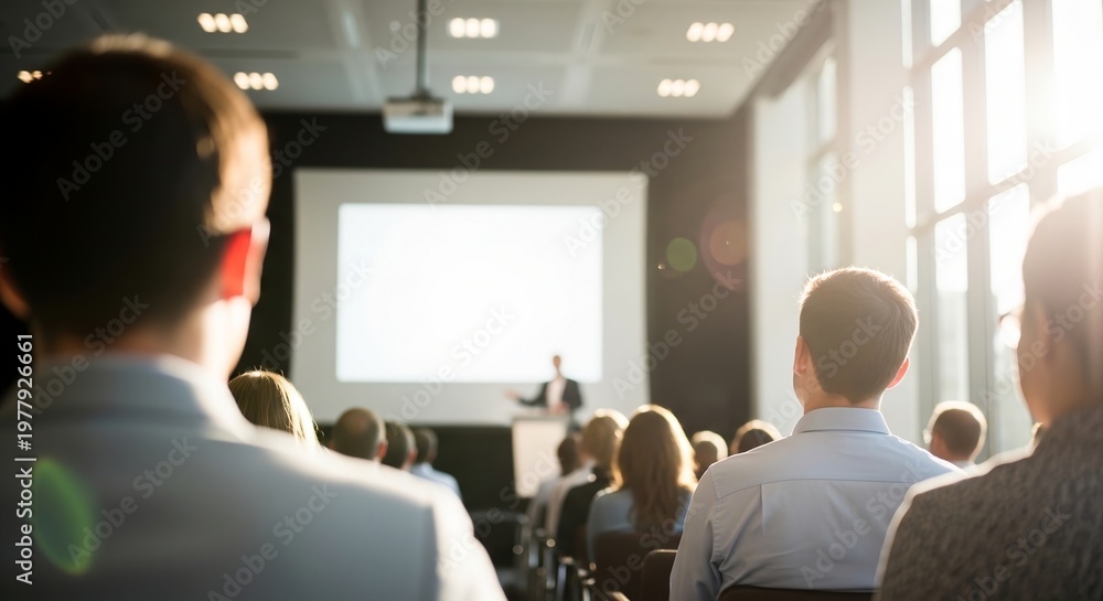 Fototapeta premium Professional audience members actively engaged in a business presentation or educational seminar, attentively watching a speaker on stage in a bright, modern conference hall